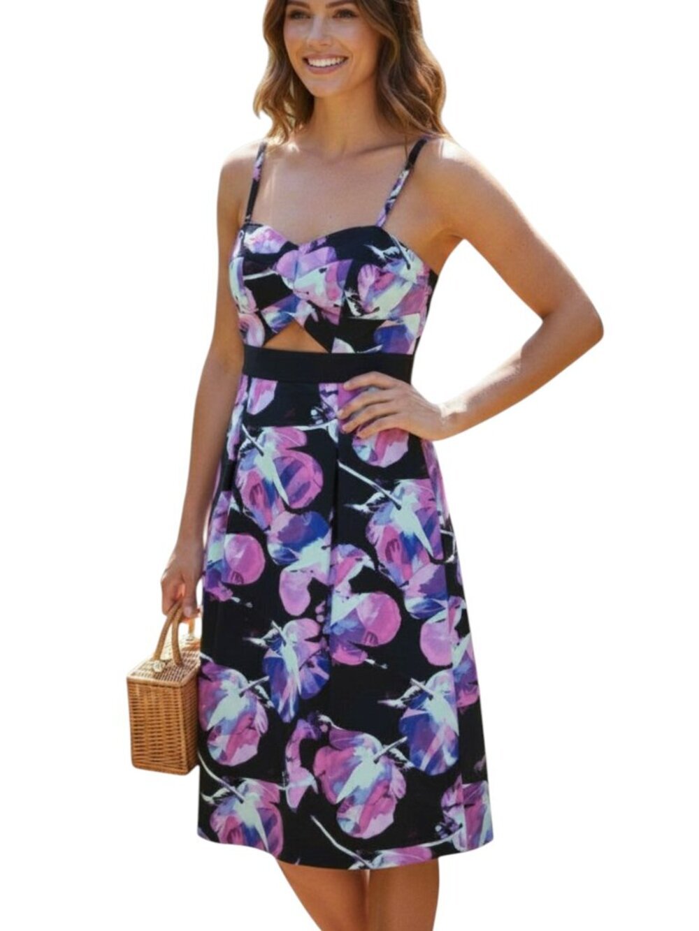 Rachel Rachel Roy Black Purple Floral Cutout Midi Dress